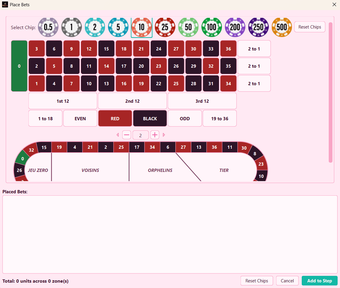 SpinWizLab Place Bets dialog in pink theme with chip values, numbered betting grid, racetrack, and an empty placed-bets list